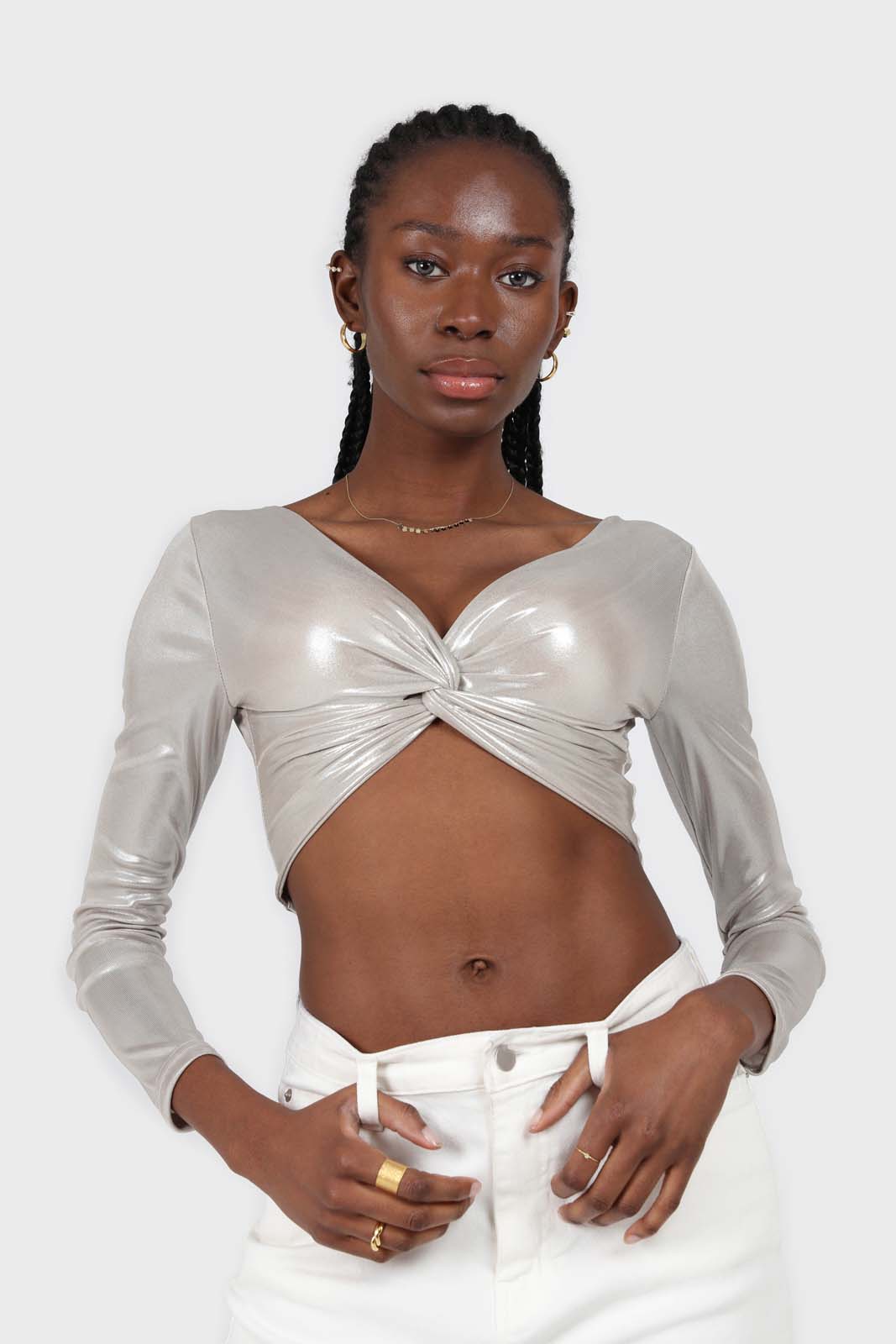 Silver twist front long sleeved crop top