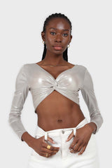Silver twist front long sleeved crop top