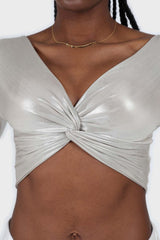 Silver twist front long sleeved crop top