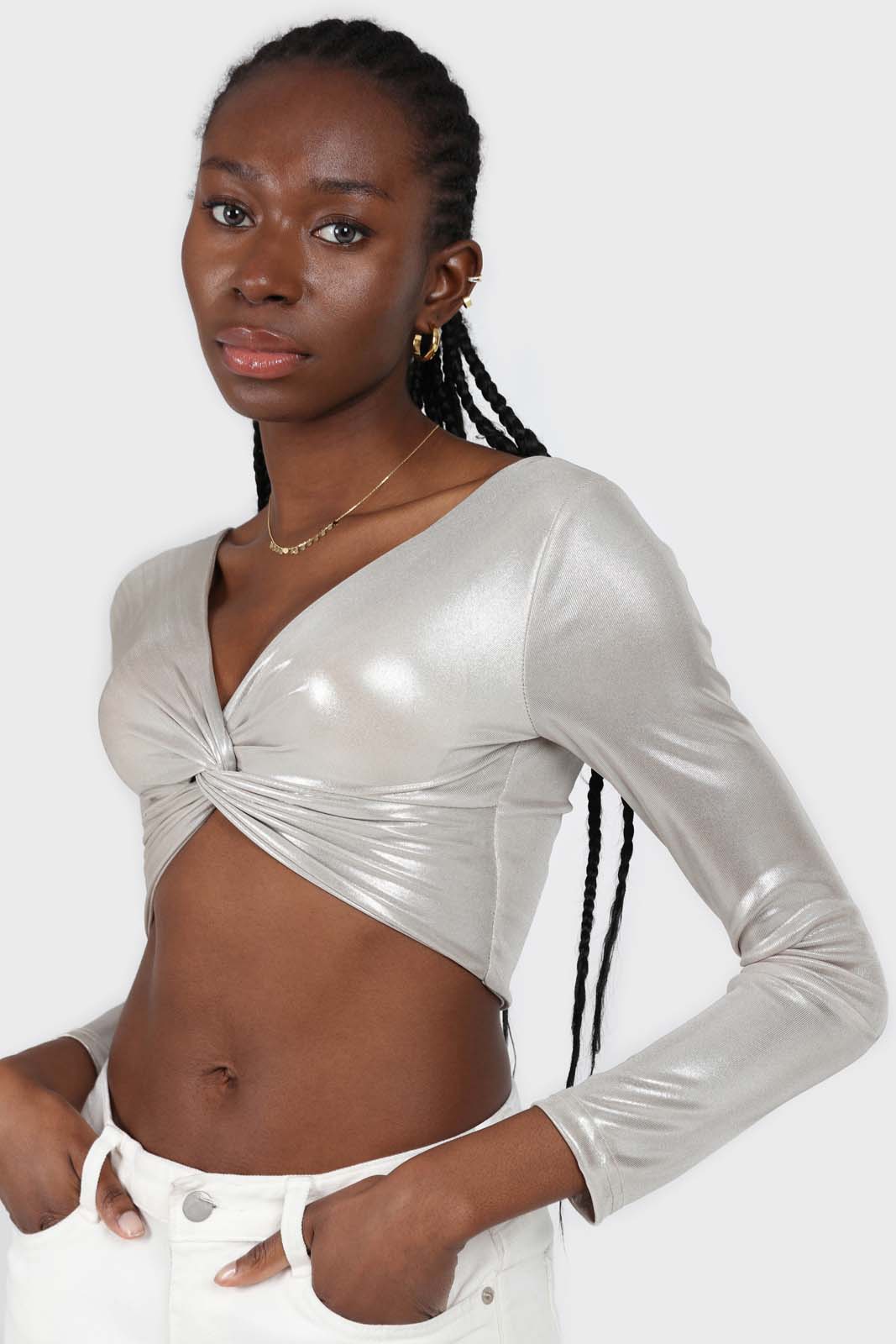 Silver twist front long sleeved crop top
