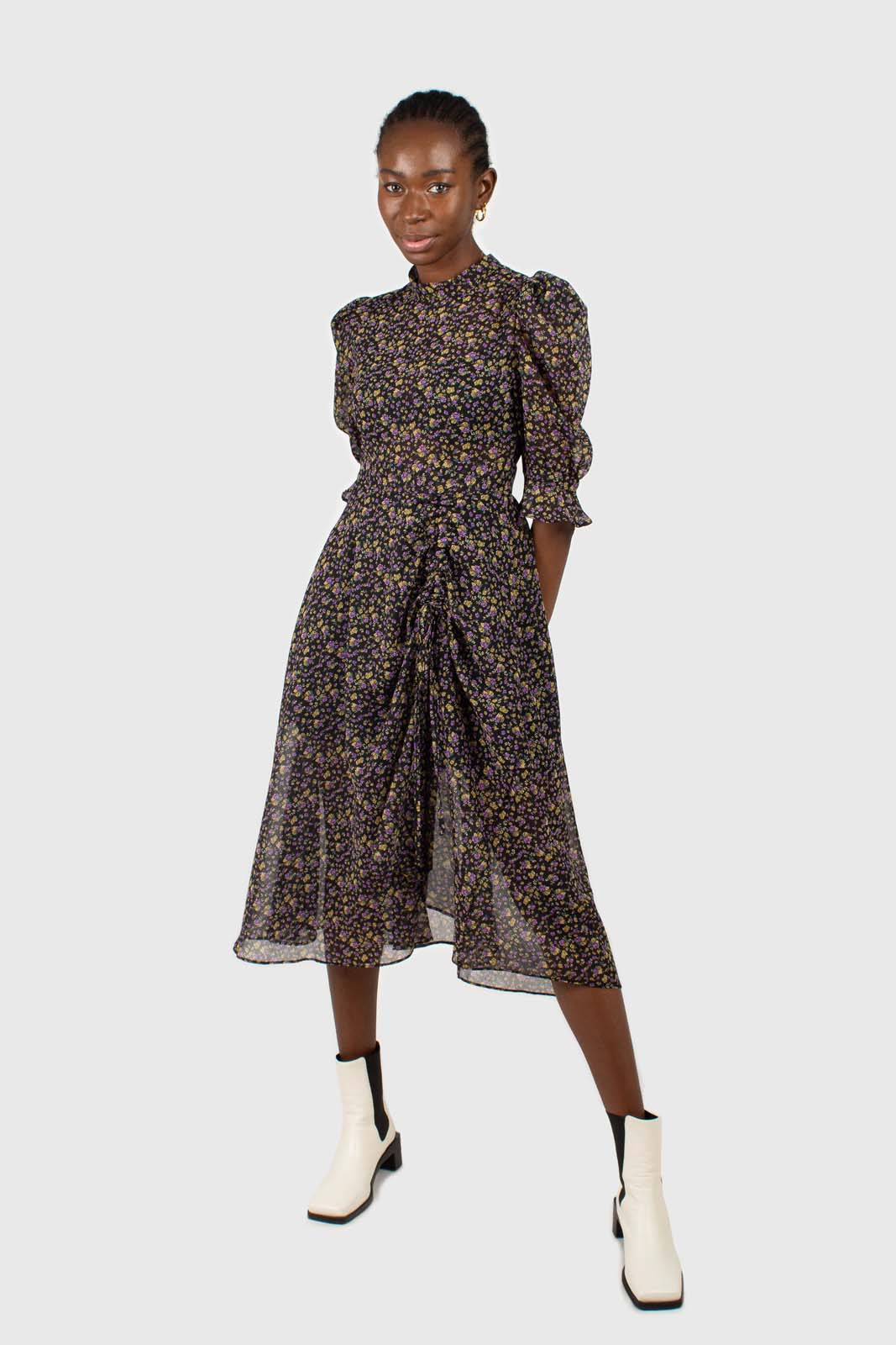 Black and purple yellow floral sheer midi dress