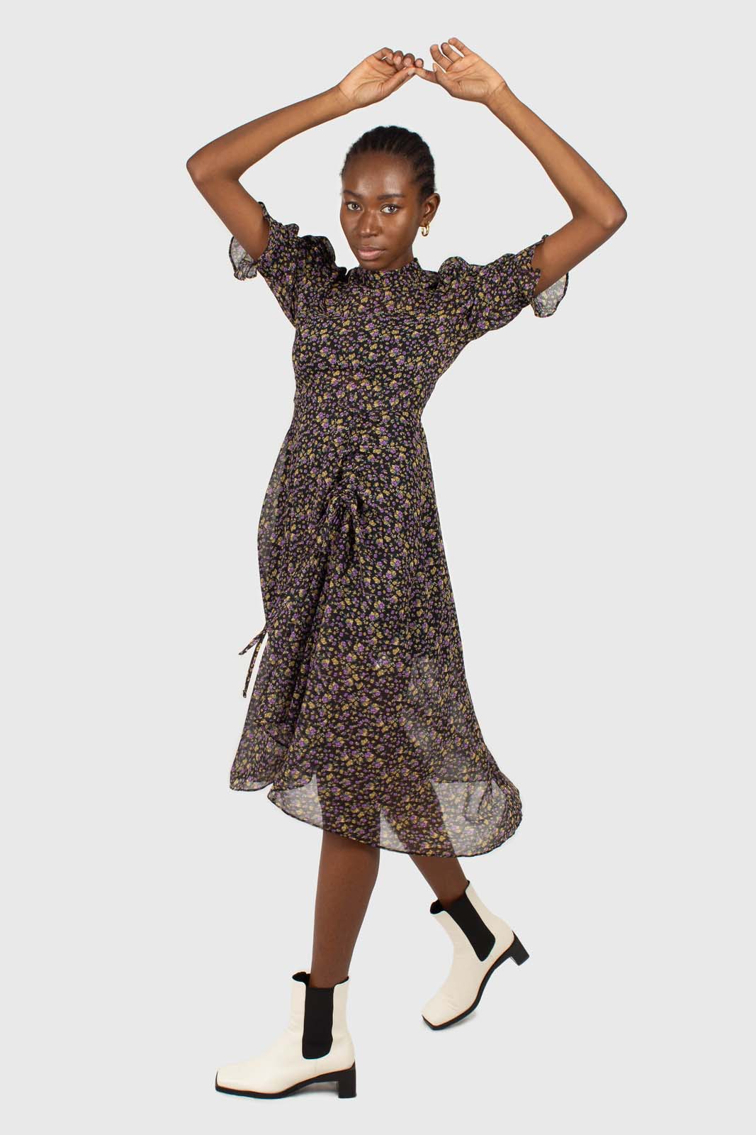 Black and purple yellow floral sheer midi dress