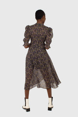 Black and purple yellow floral sheer midi dress