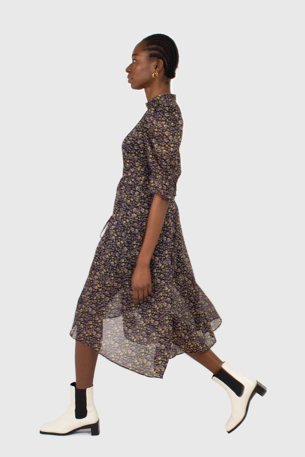 Black and purple yellow floral sheer midi dress