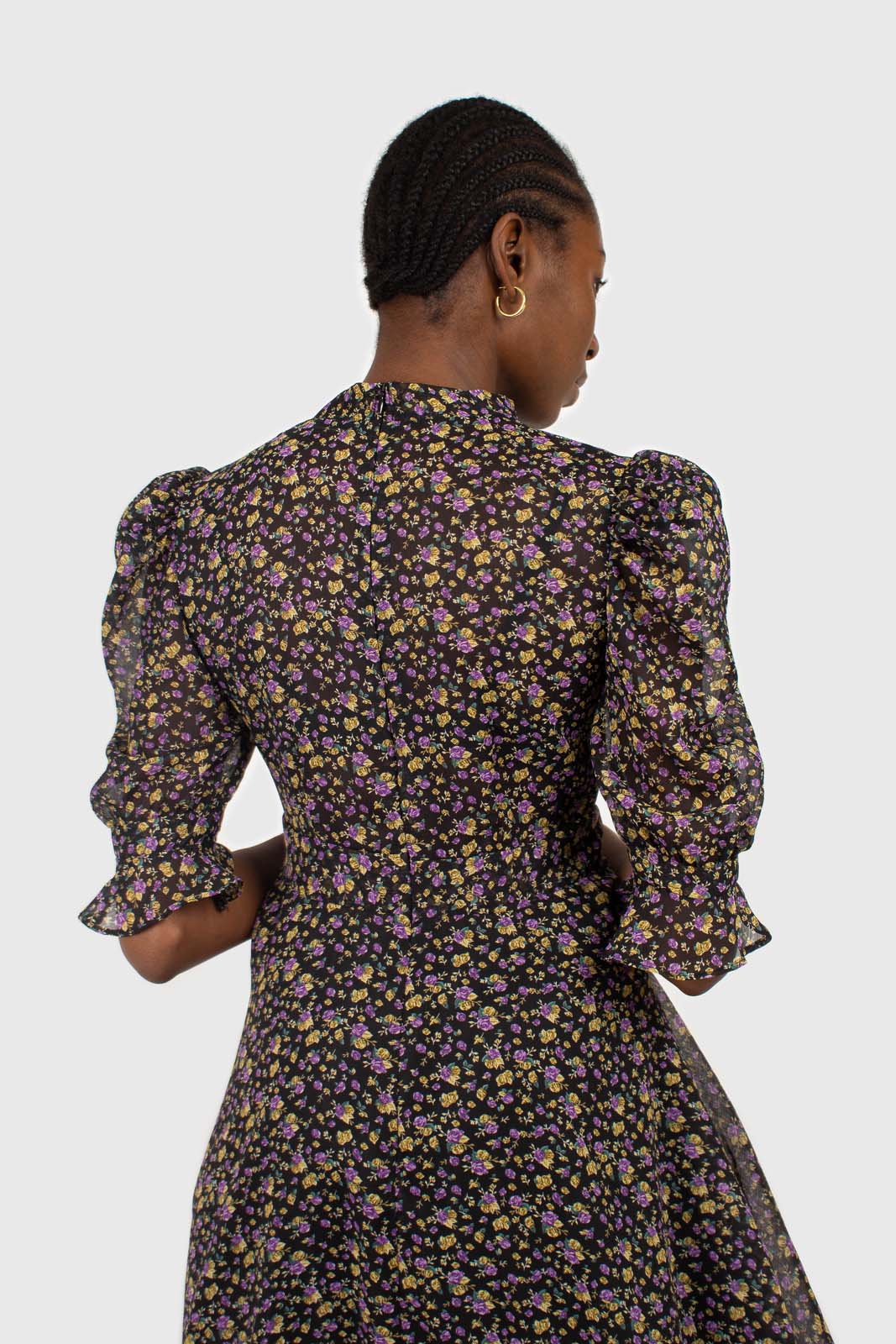 Black and purple yellow floral sheer midi dress