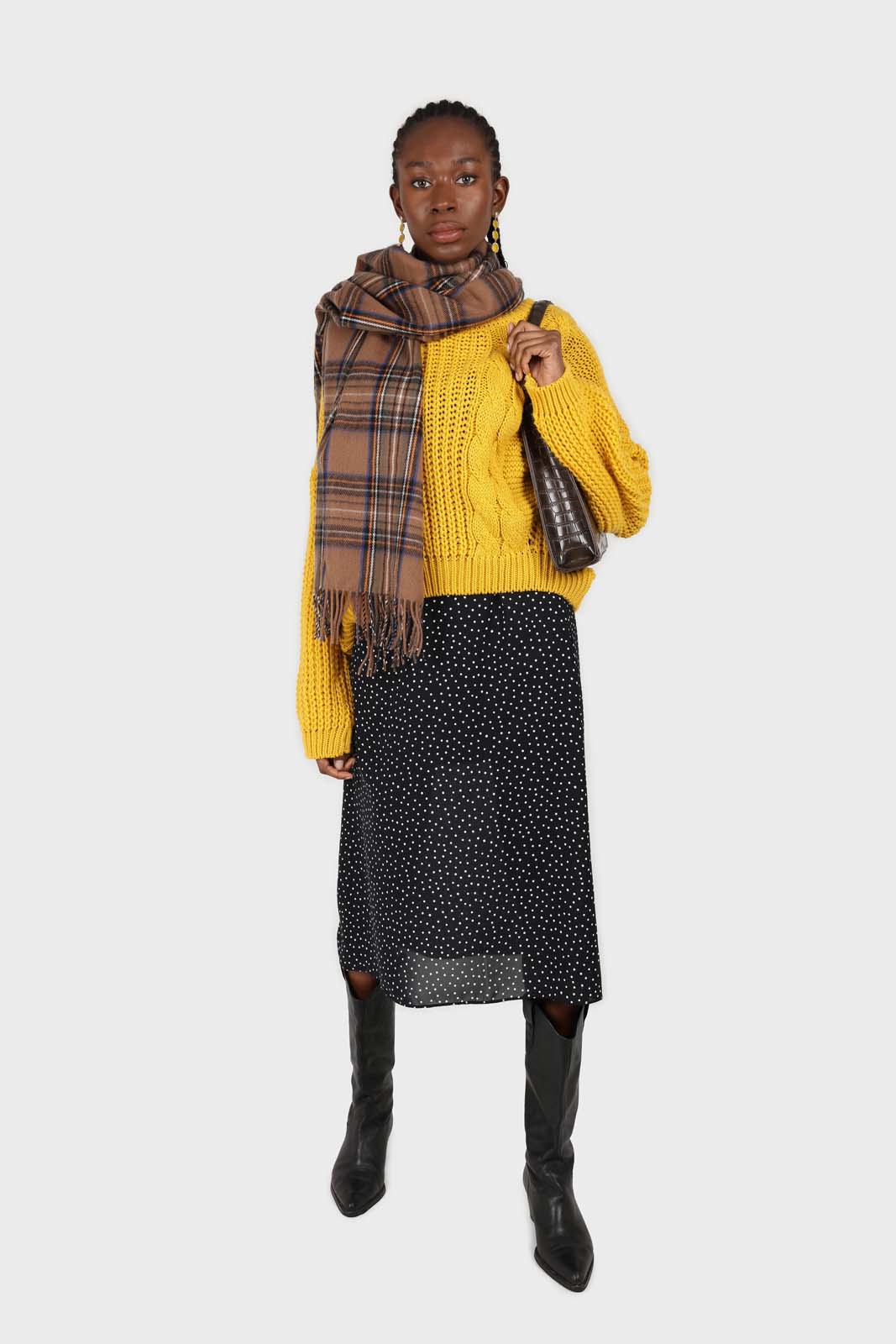 Navy and white polka dot flare midi skirt