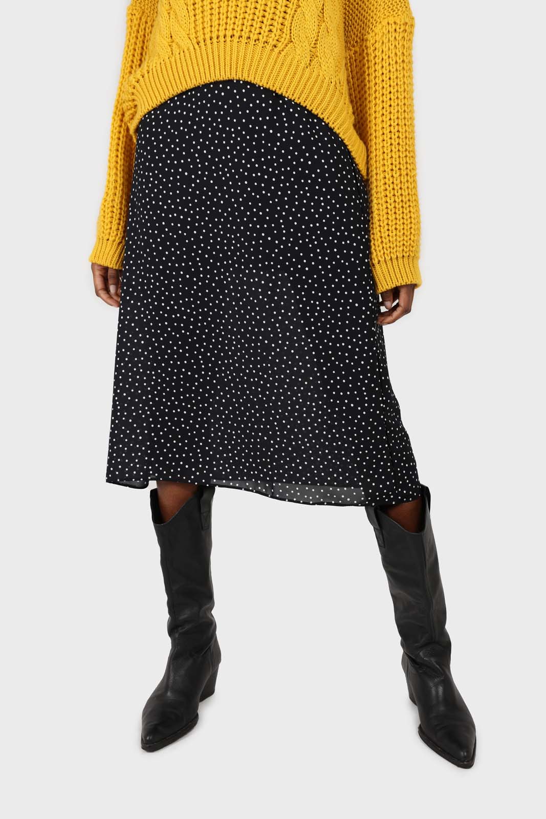 Navy and white polka dot flare midi skirt