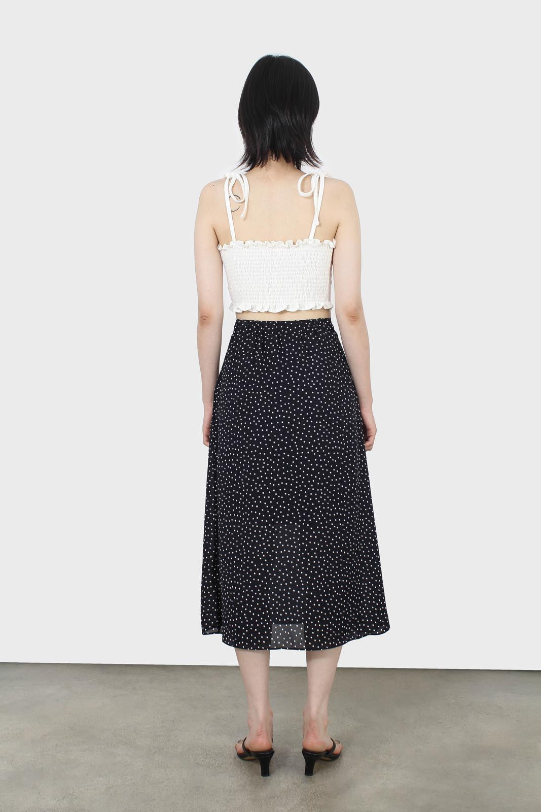 Navy and white polka dot flare midi skirt