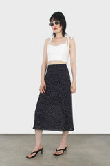 Navy and white polka dot flare midi skirt