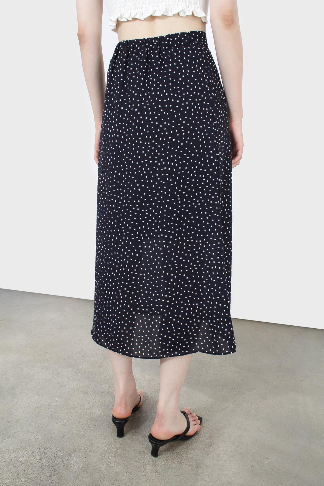 Navy and white polka dot flare midi skirt