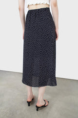 Navy and white polka dot flare midi skirt