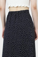 Navy and white polka dot flare midi skirt