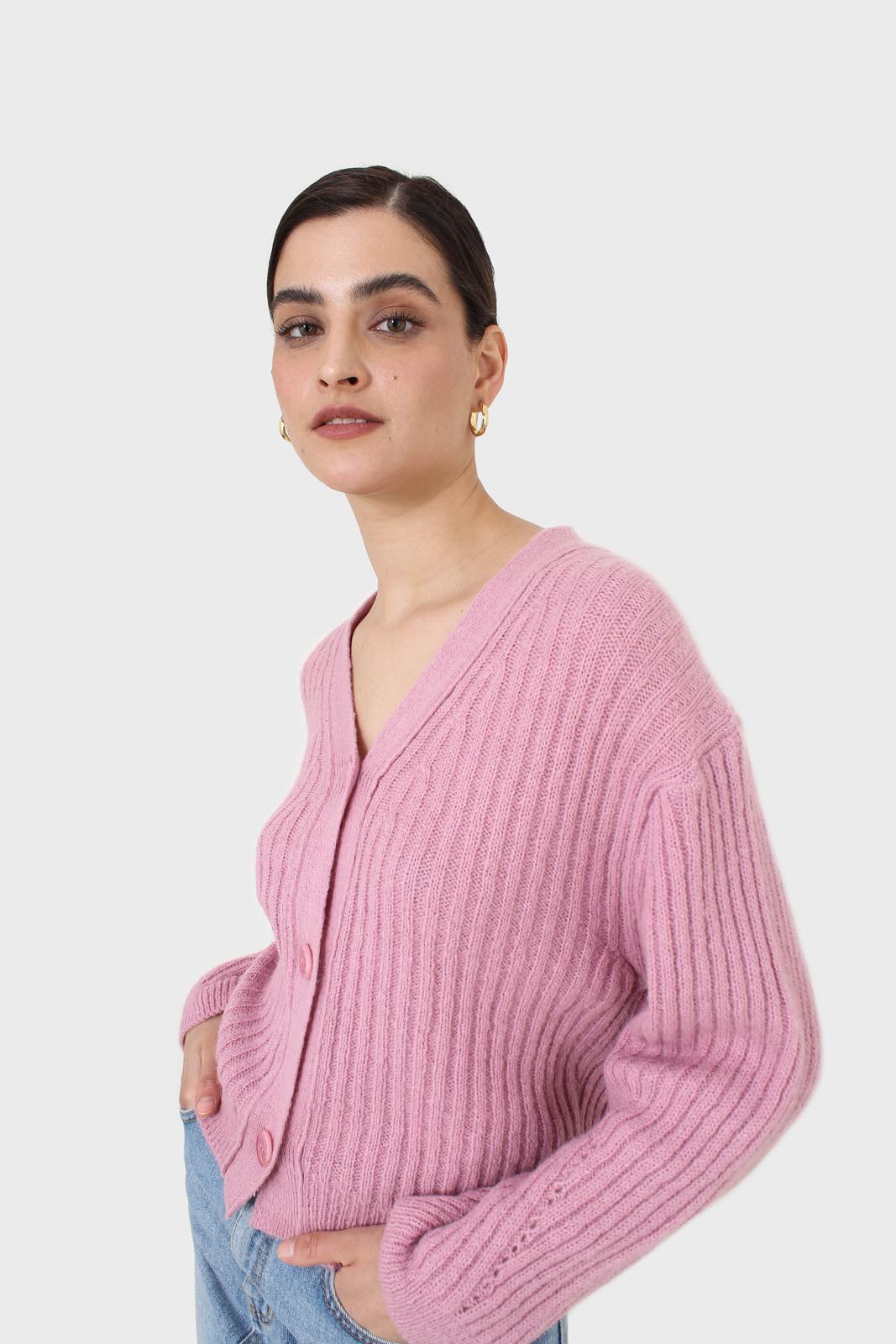 Pink ribbed alpaca blend cardigan