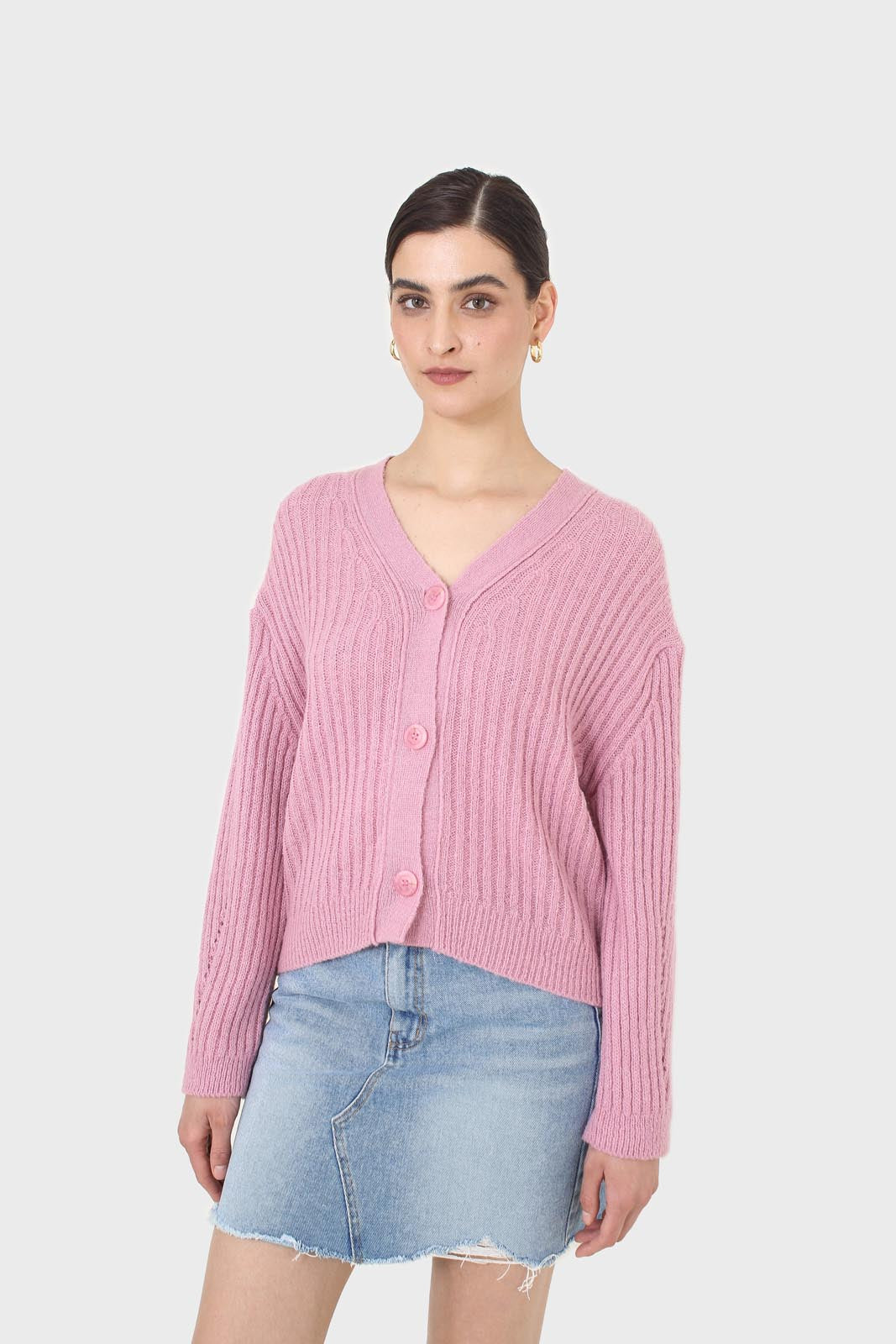 Pink ribbed alpaca blend cardigan