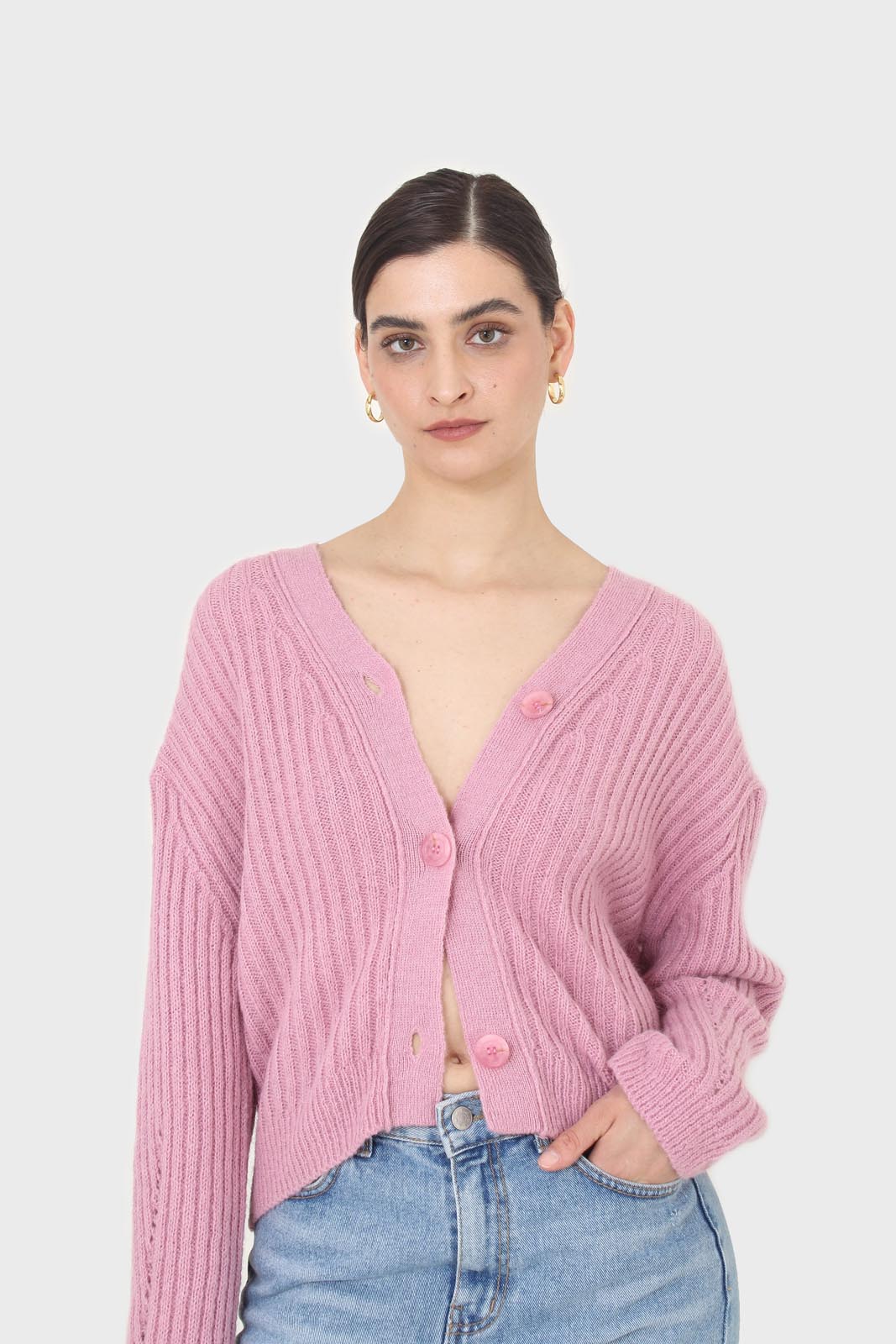 Pink ribbed alpaca blend cardigan