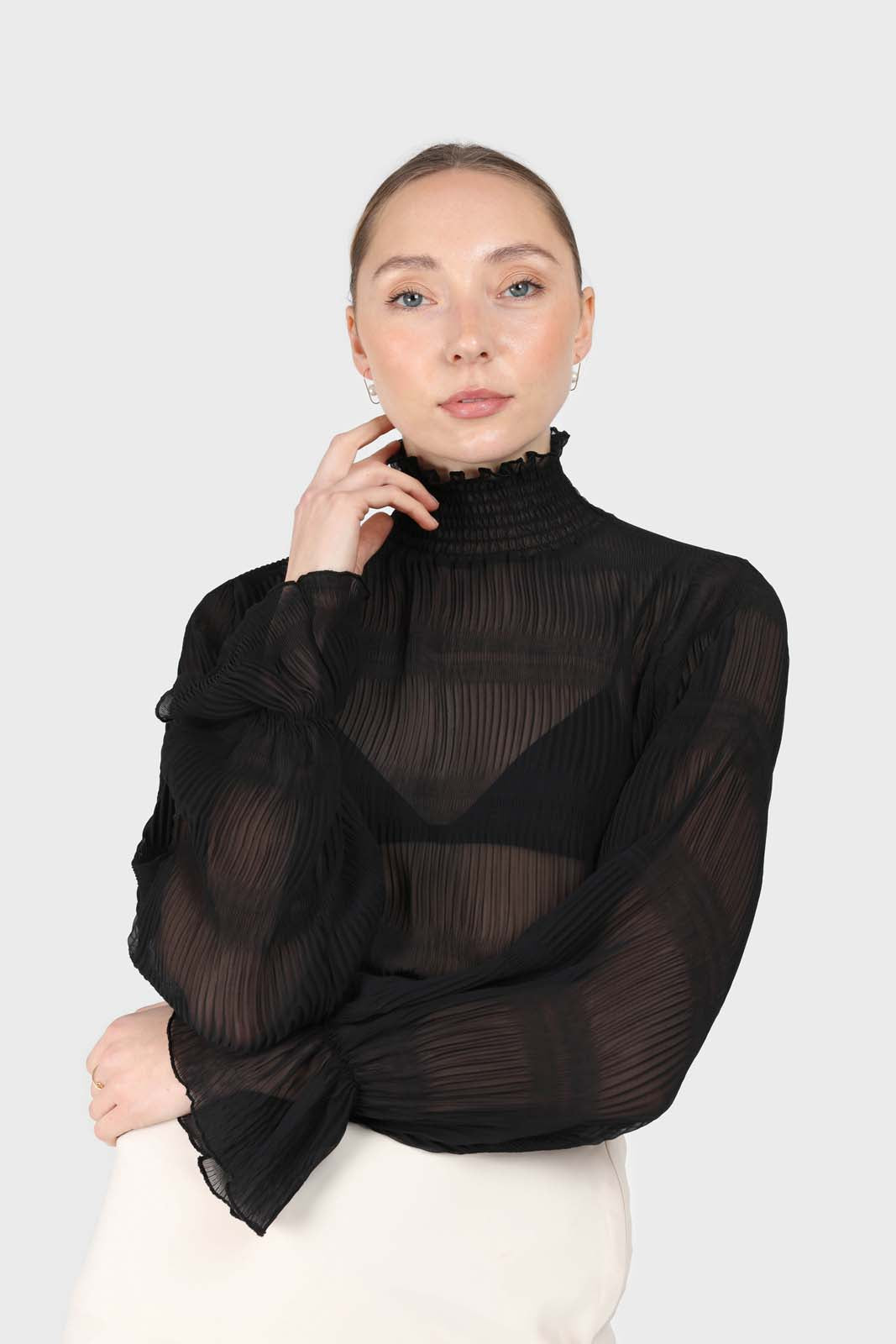 Black shirring neck sheer tiered blouse