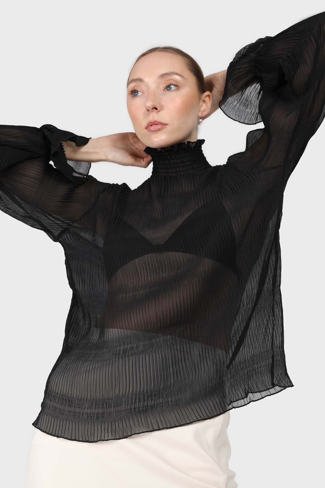 Black shirring neck sheer tiered blouse