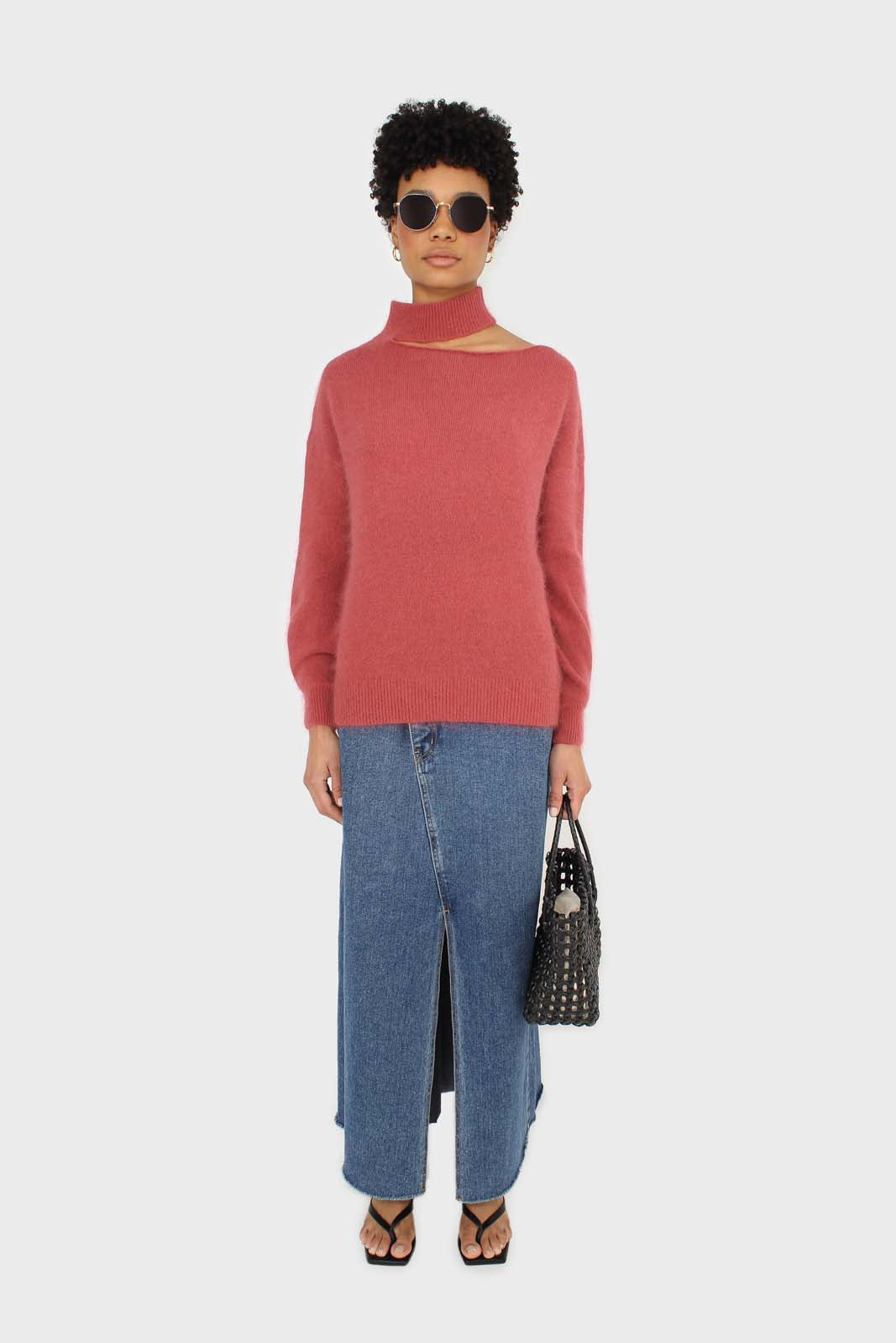 Pink furry angora slit shoulder turtleneck jumper