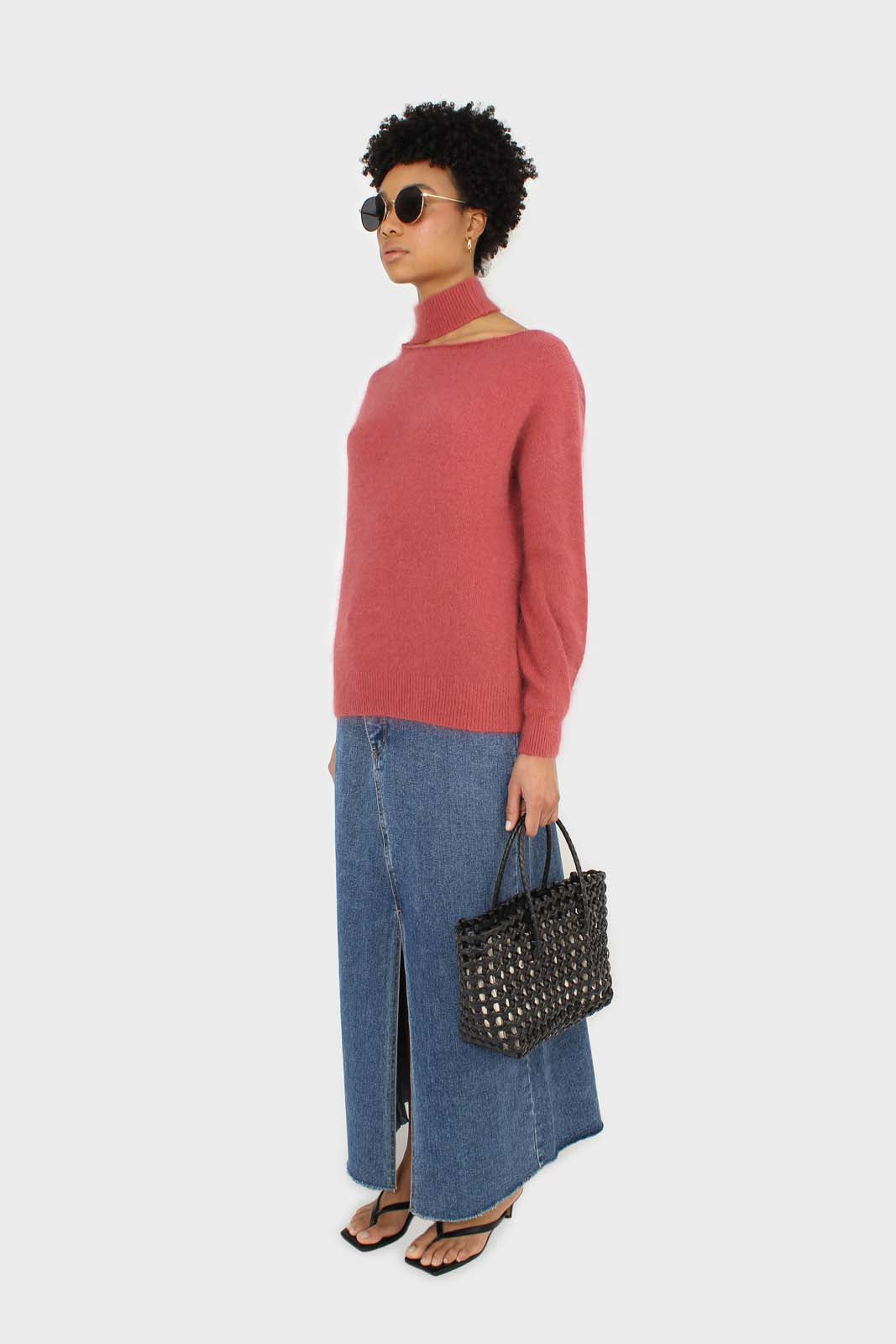 Pink furry angora slit shoulder turtleneck jumper