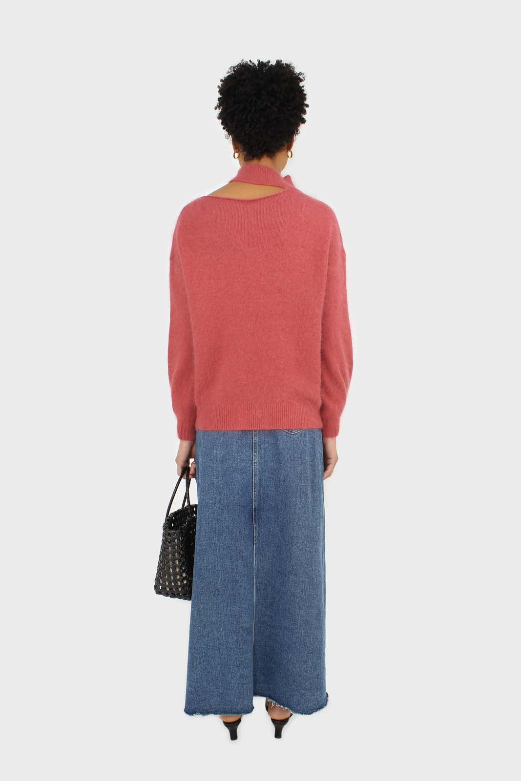 Pink furry angora slit shoulder turtleneck jumper