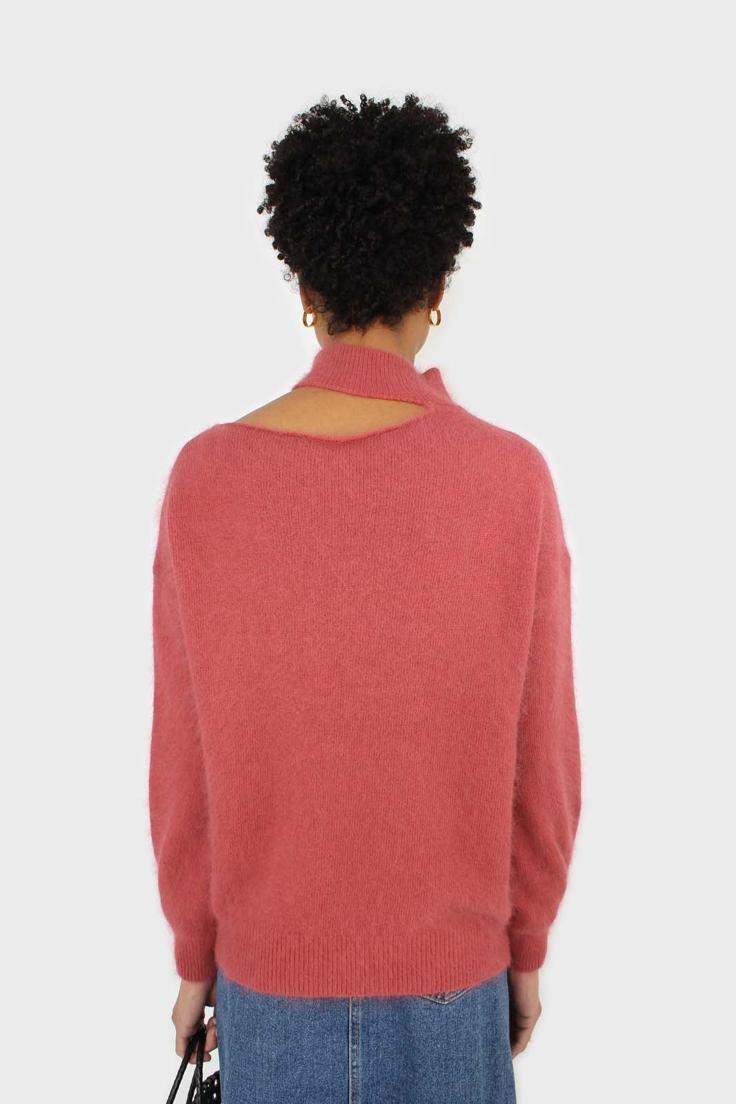 Pink furry angora slit shoulder turtleneck jumper
