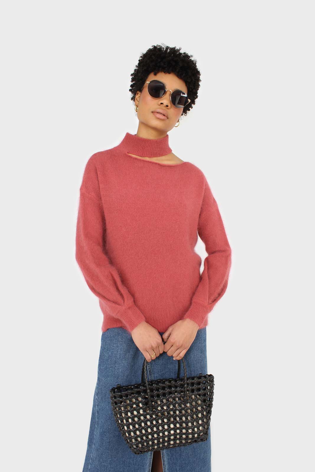 Pink furry angora slit shoulder turtleneck jumper