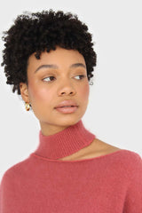 Pink furry angora slit shoulder turtleneck jumper