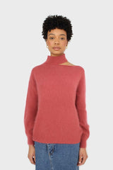 Pink furry angora slit shoulder turtleneck jumper