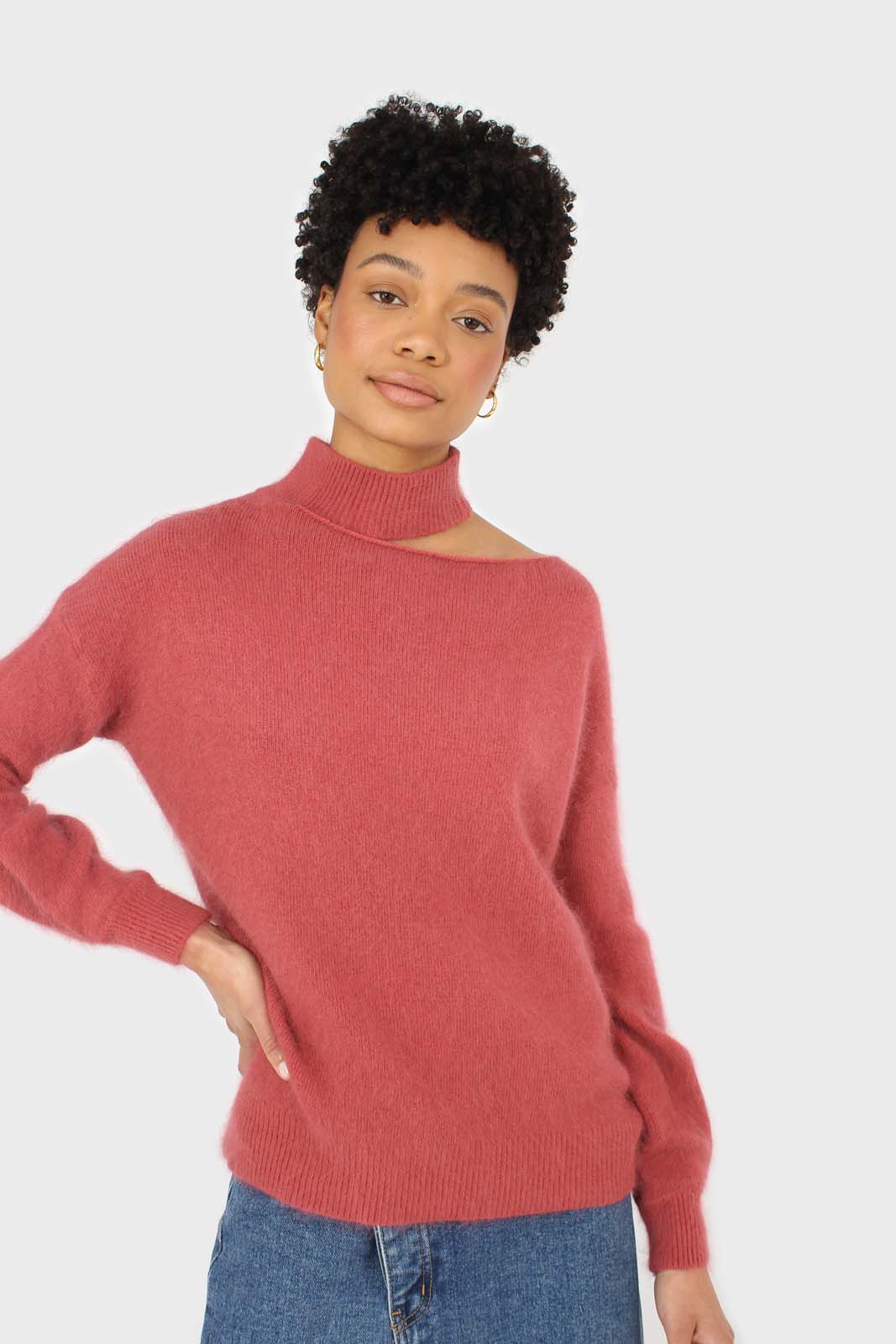 Pink furry angora slit shoulder turtleneck jumper