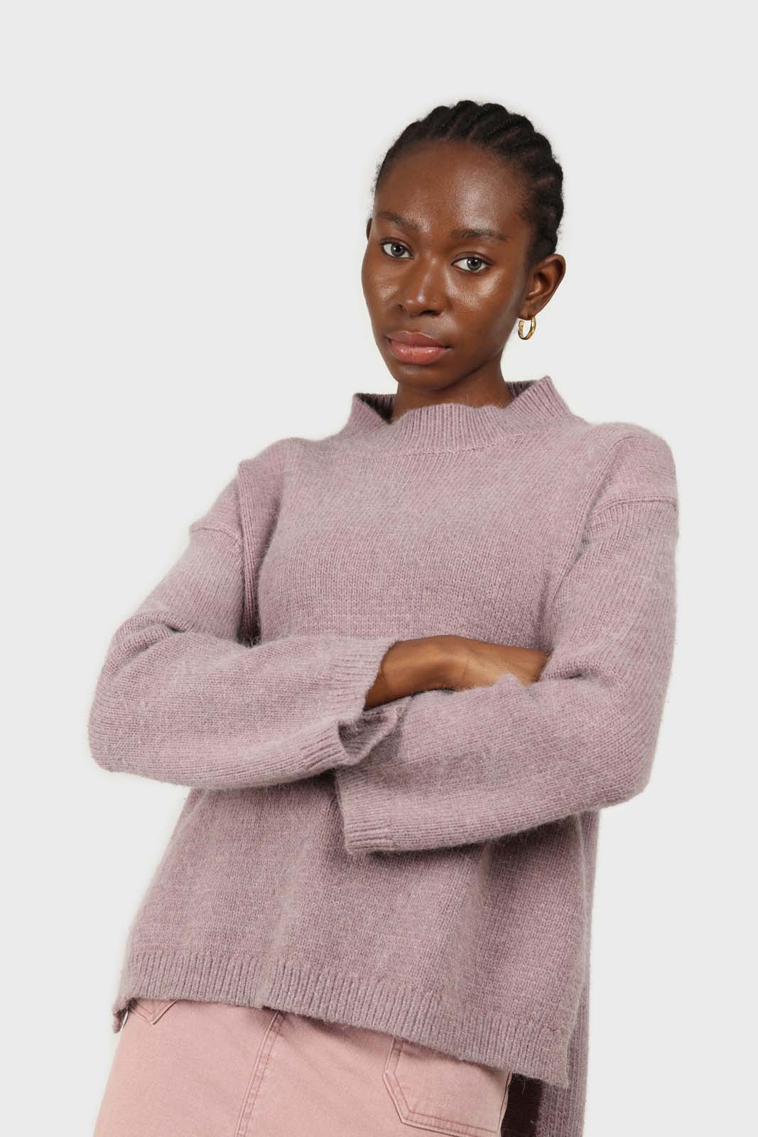 Lilac mock neck open back angora jumper