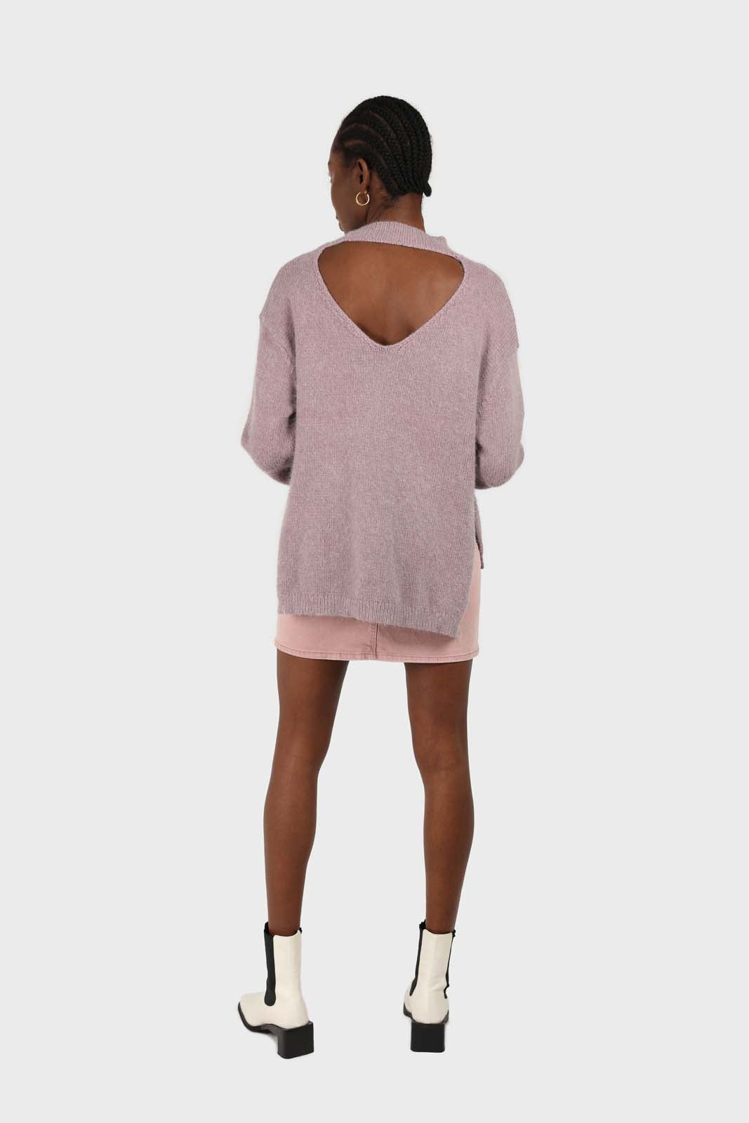 Lilac mock neck open back angora jumper