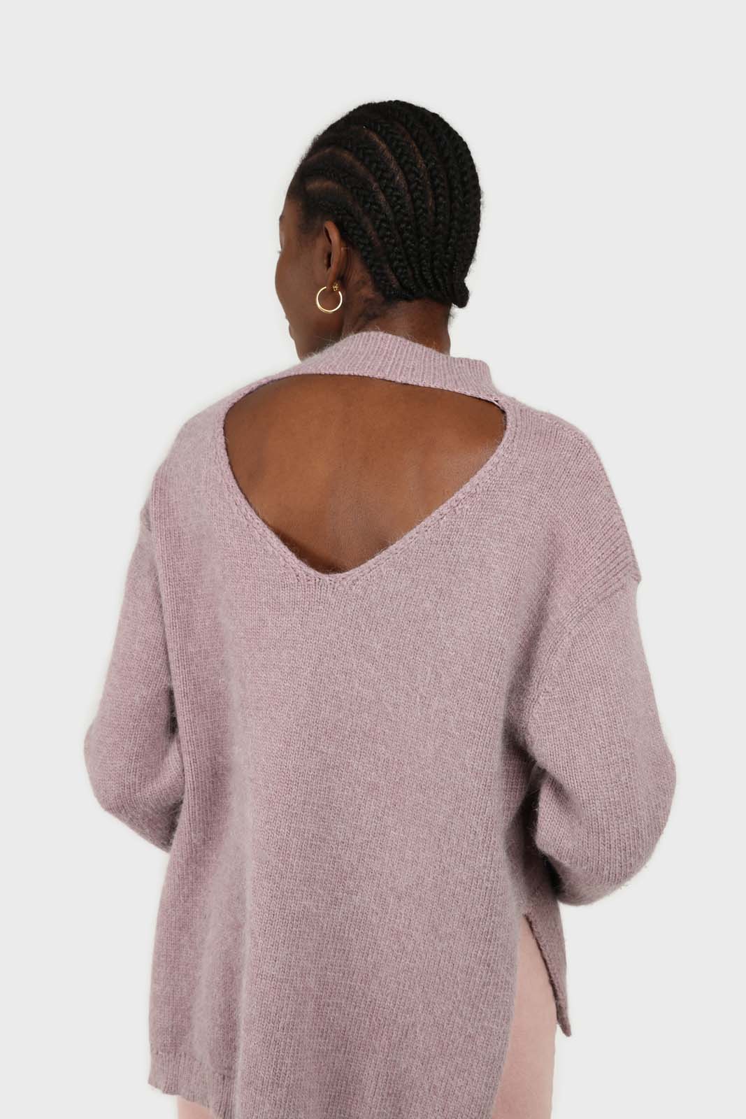 Lilac mock neck open back angora jumper