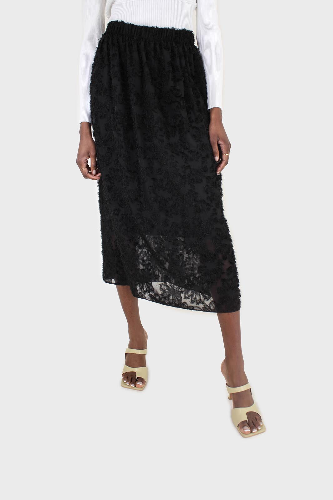 Black textured floral sheer midi skirt