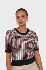 Black and orange check short sleeve knit top