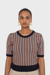 Black and orange check short sleeve knit top