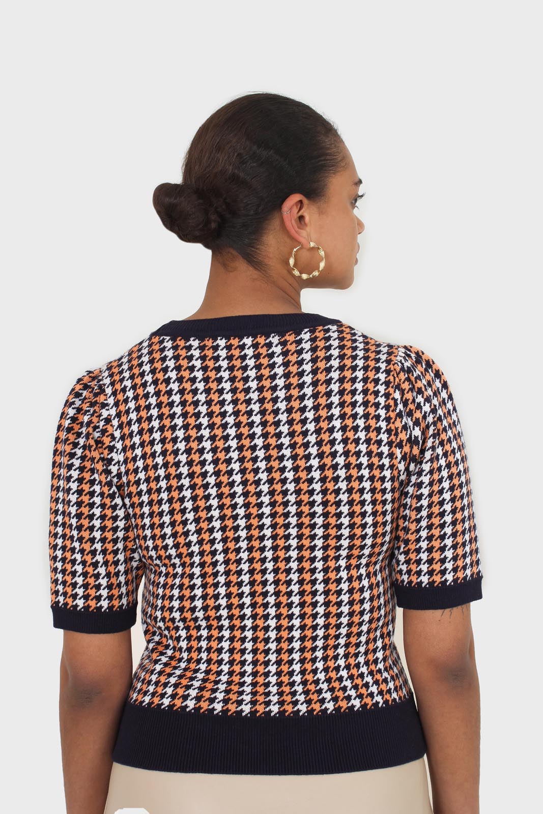 Black and orange check short sleeve knit top