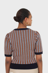 Black and orange check short sleeve knit top