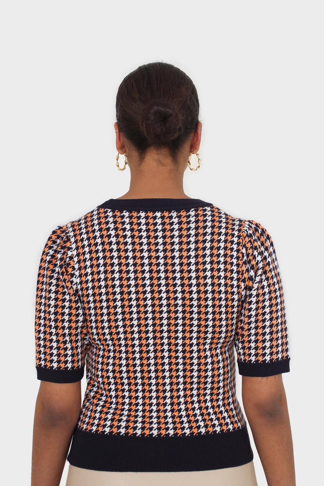 Black and orange check short sleeve knit top