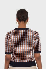 Black and orange check short sleeve knit top
