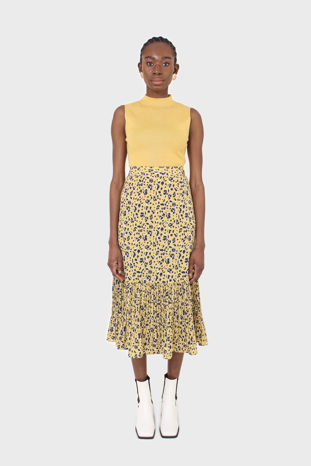 Yellow and blue animal print pleat hem maxi skirt