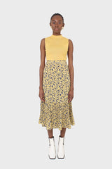 Yellow and blue animal print pleat hem maxi skirt