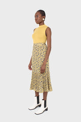 Yellow and blue animal print pleat hem maxi skirt