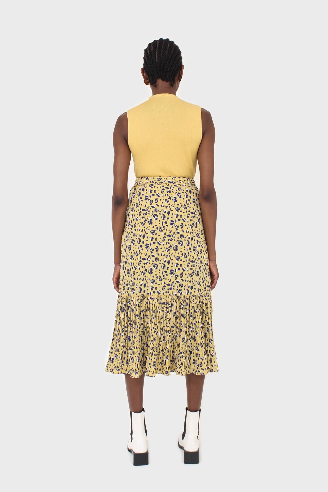 Yellow and blue animal print pleat hem maxi skirt