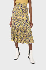 Yellow and blue animal print pleat hem maxi skirt