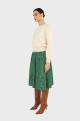 Green animal print flare midi skirt