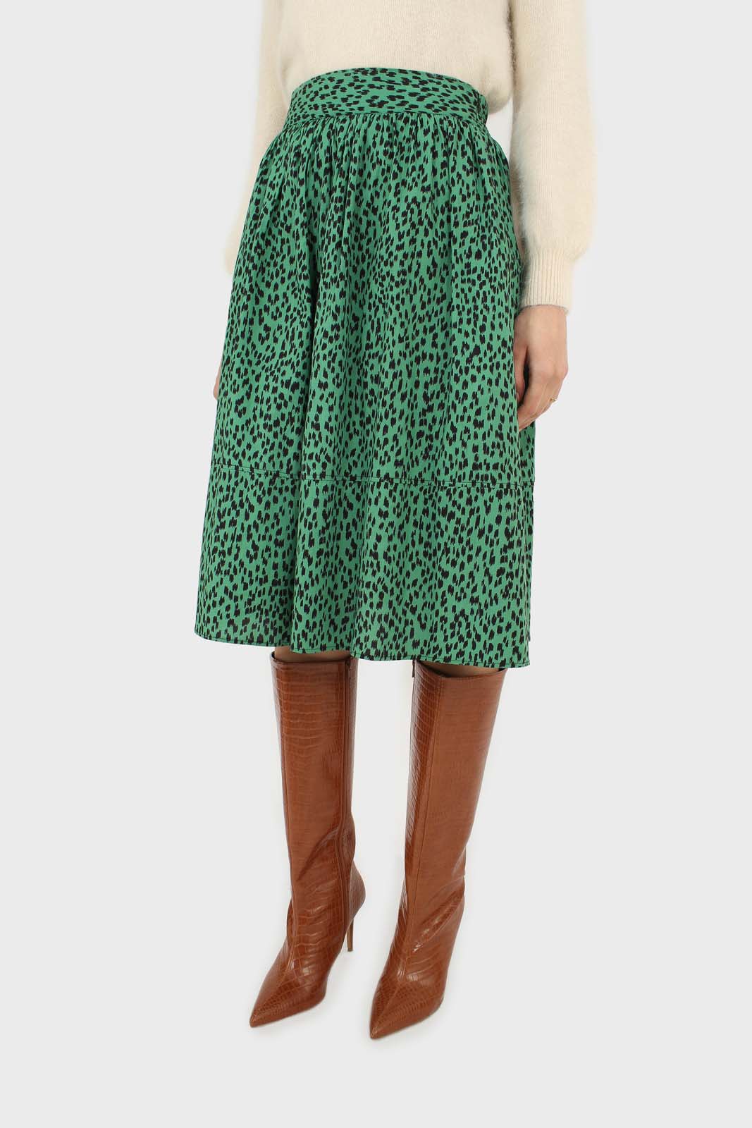 Green animal print flare midi skirt