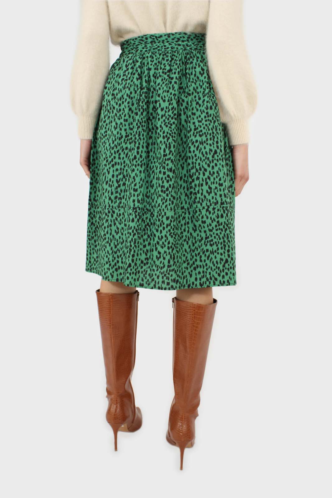 Green animal print flare midi skirt