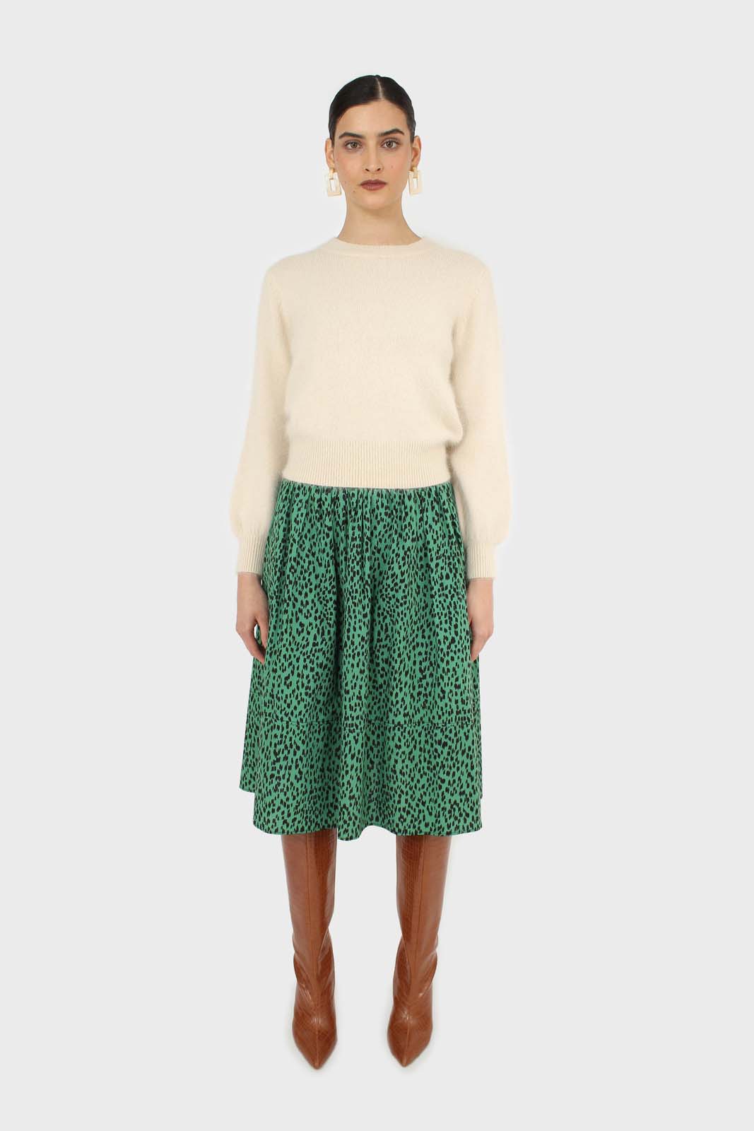 Green animal print flare midi skirt