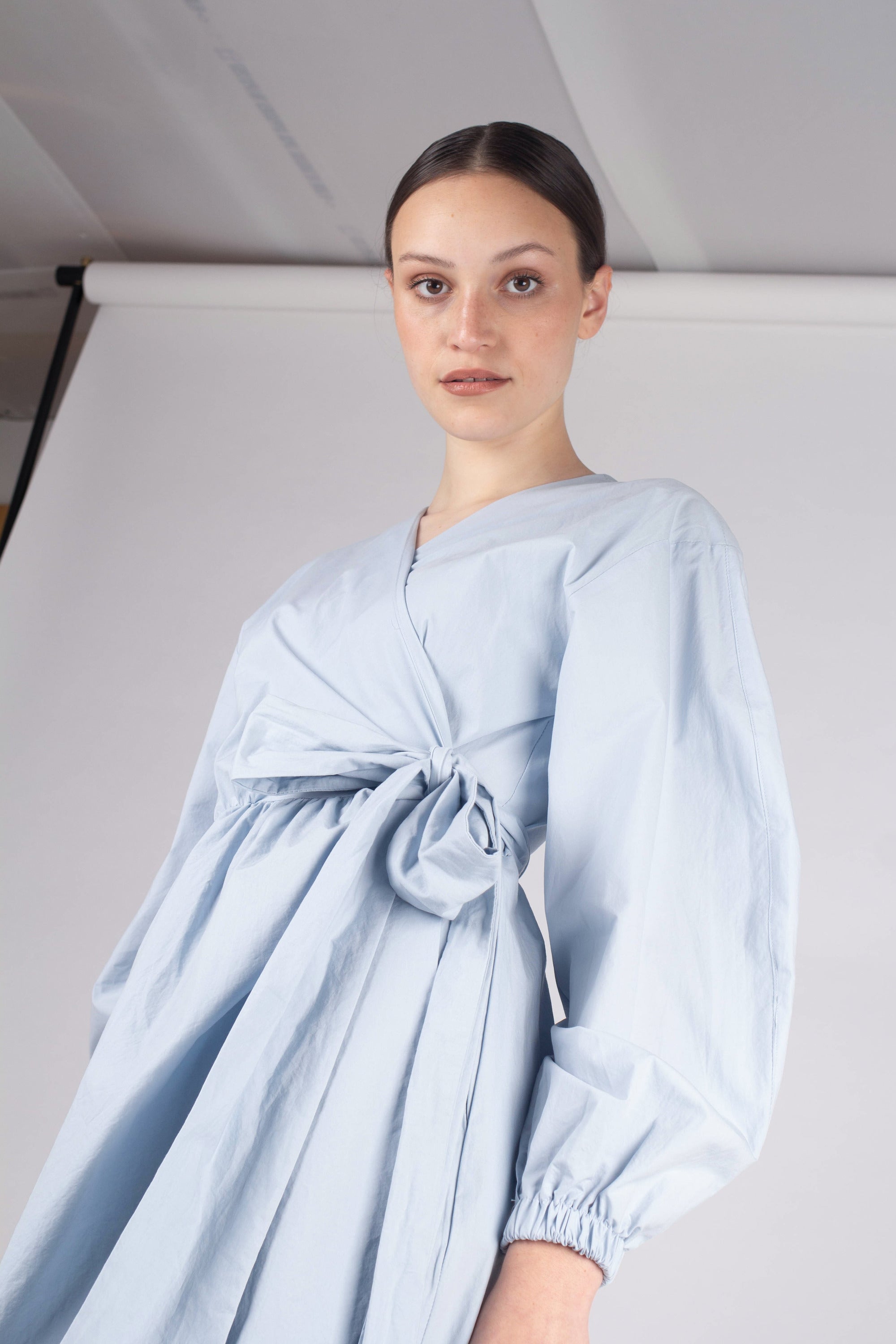 Blue wrap short sleeve cotton midi dress
