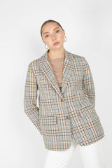Green mustard and beige check blazer